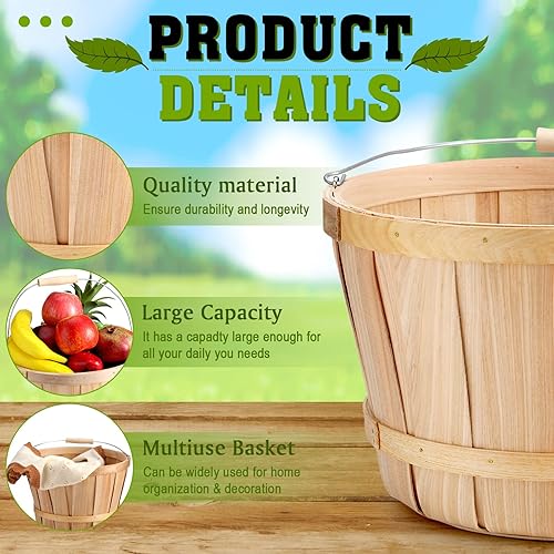 Miniatura 3 de Paquete de 6 cestas redondas de madera con asas, cubos de frutas de madera vegetal, cestas de madera con virutas de flores, cestas de madera