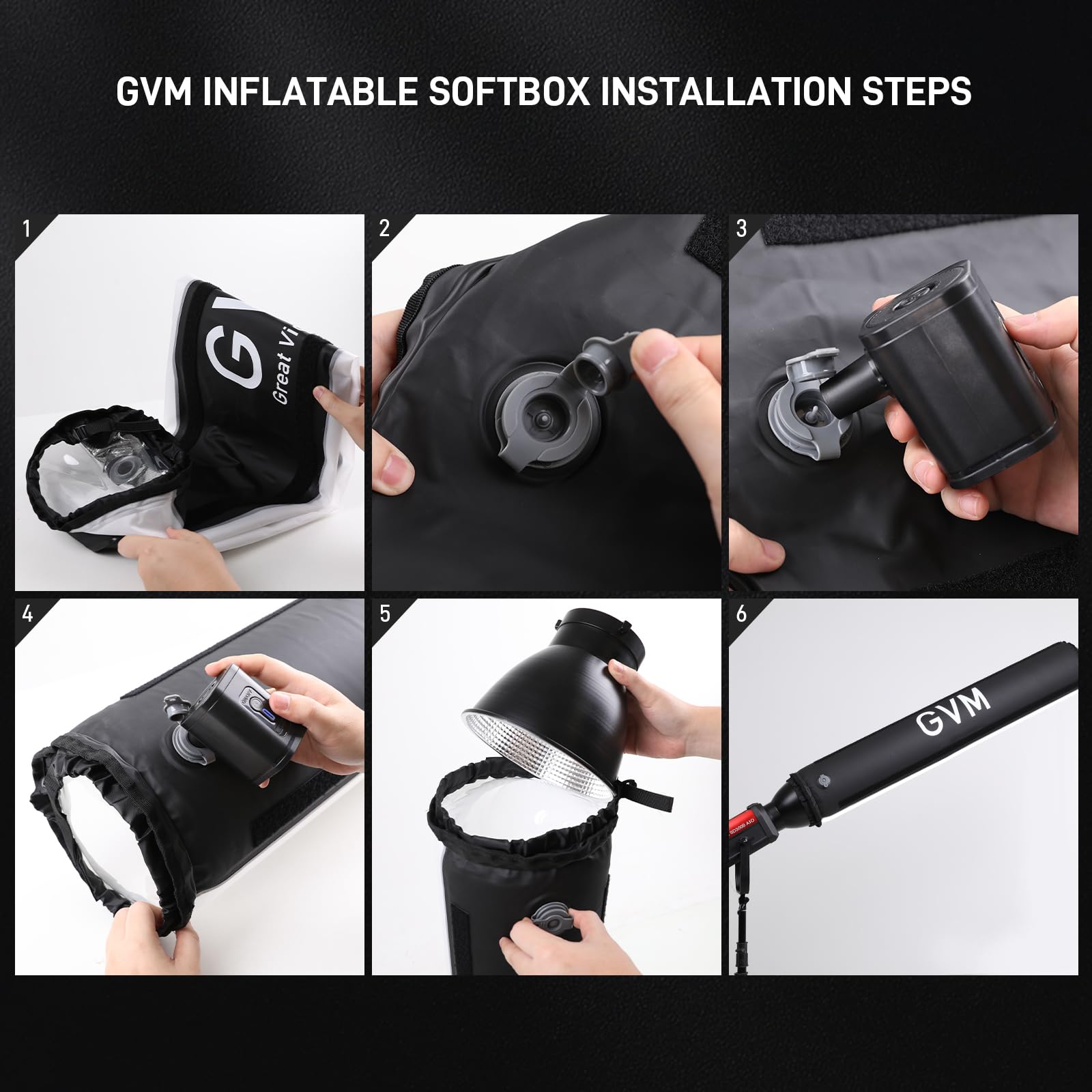 GVM 43 Zoll Aufblasbare Softbox, Faltbare Air Tube Softbox mit Luftpumpe, Kompatibilität für GVM SD300C/500B/650B und andere Bowens-Halterungslicht, Air Softbox für Studio-Porträts, Videoaufnahme