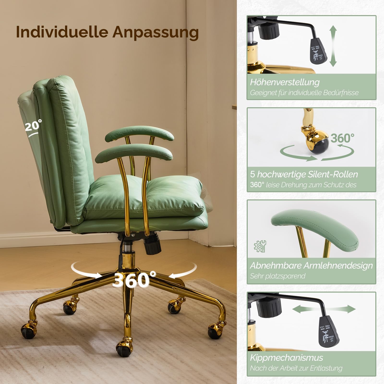 Bonnlo Bürostuhl Ergonomisch, Schreibtischstuhl mit Goldenen Armlehnen, Chefsessel, Drehstuhl mit Rollen, Höhenverstellbar & Kippfunktion, Homeoffice (Kratzfestes Leder, Grün)