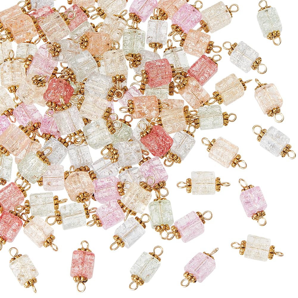 HOBBIESAY 100Pcs Crackle Glass Connectors Charms Mixed Colors Links Connectors Cube Square Double Holes Spacer Beads for Bracelet Earring Necklaces DIY Crafting, Hole 1.5-2mm