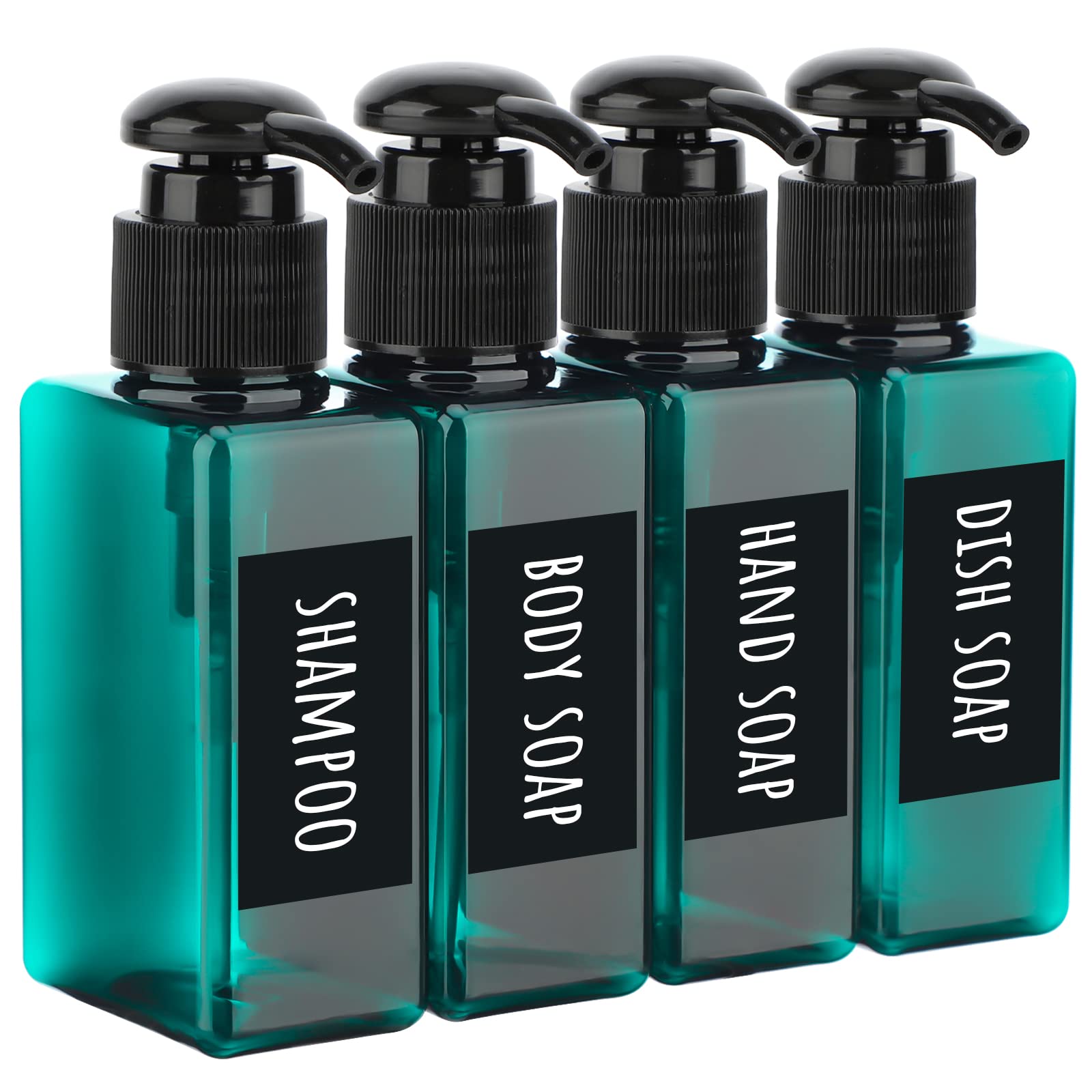 Segbeauty Set of 4 Square Pump Bottles, 3.4oz 100ml Mini Plastic Hand Soap Dispenser with Labels, Refillable Press Bathroom Shower Bottles Empty Lotion Soap Dispenser Travel Containers Cosmetic Cans