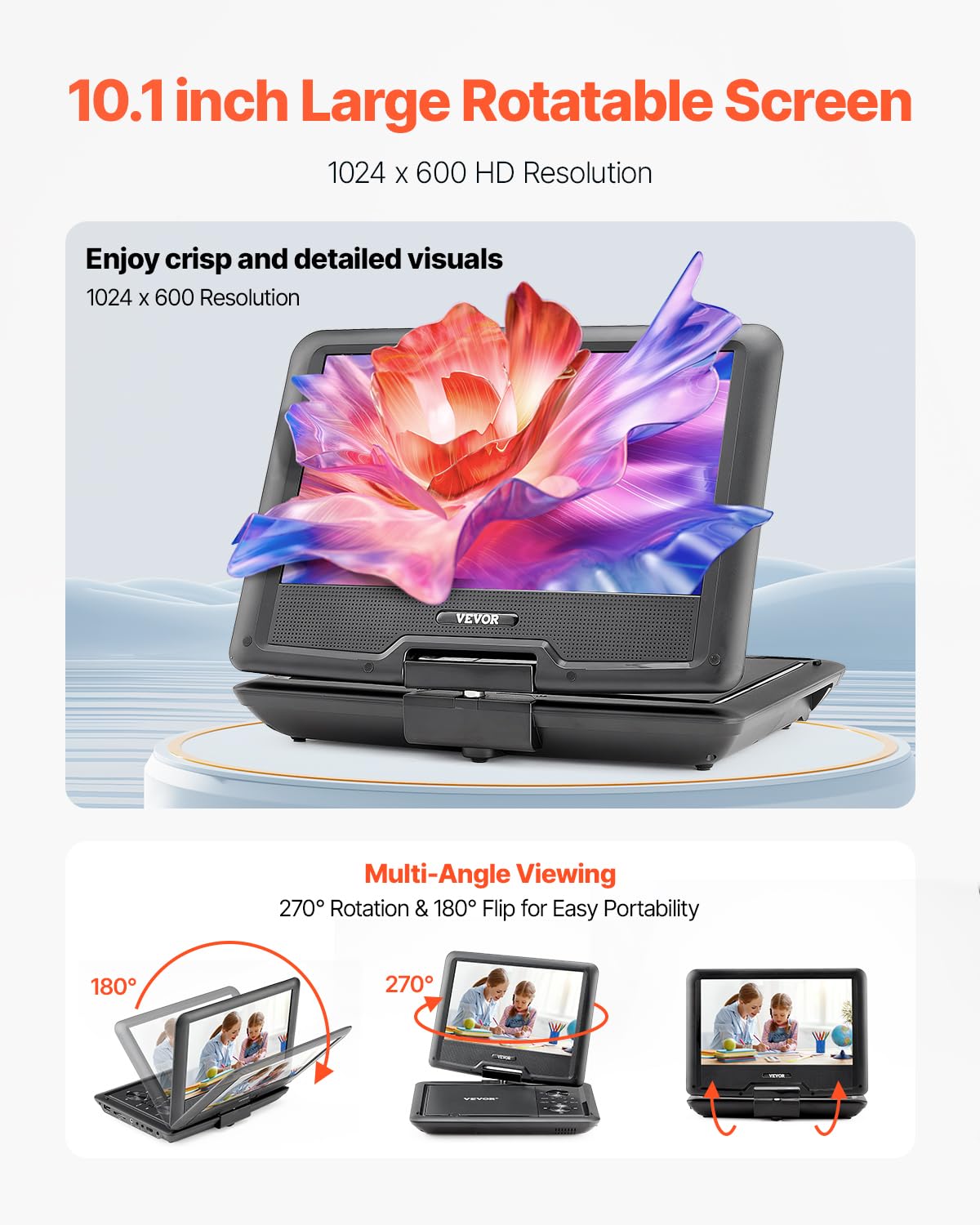 VEVOR tragbarer DVD-Player mit drehbarem HD-Bildschirm (256 mm), eingebauter Akku mit 4 Std. Laufzeit, 2 Lautsprecher, unterstützt Synchronisierung von TV/USB/SD-Karte/CD/DVD, Autoladegerät schwarz