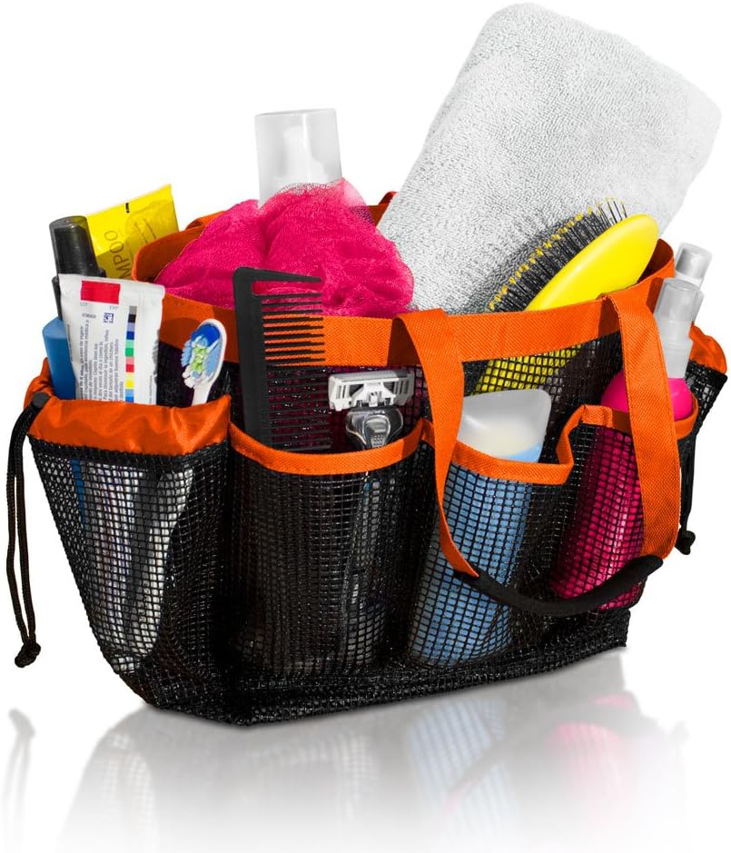 Simply Things Heavy Duty Mesh Shower Bag Caddy and Tote with 9 Storage Compartments and 2 Reinforced Handles, This Mesh Shower Bag is Quick Drying for Dorm, Gym, Camping, or Travel (orange)