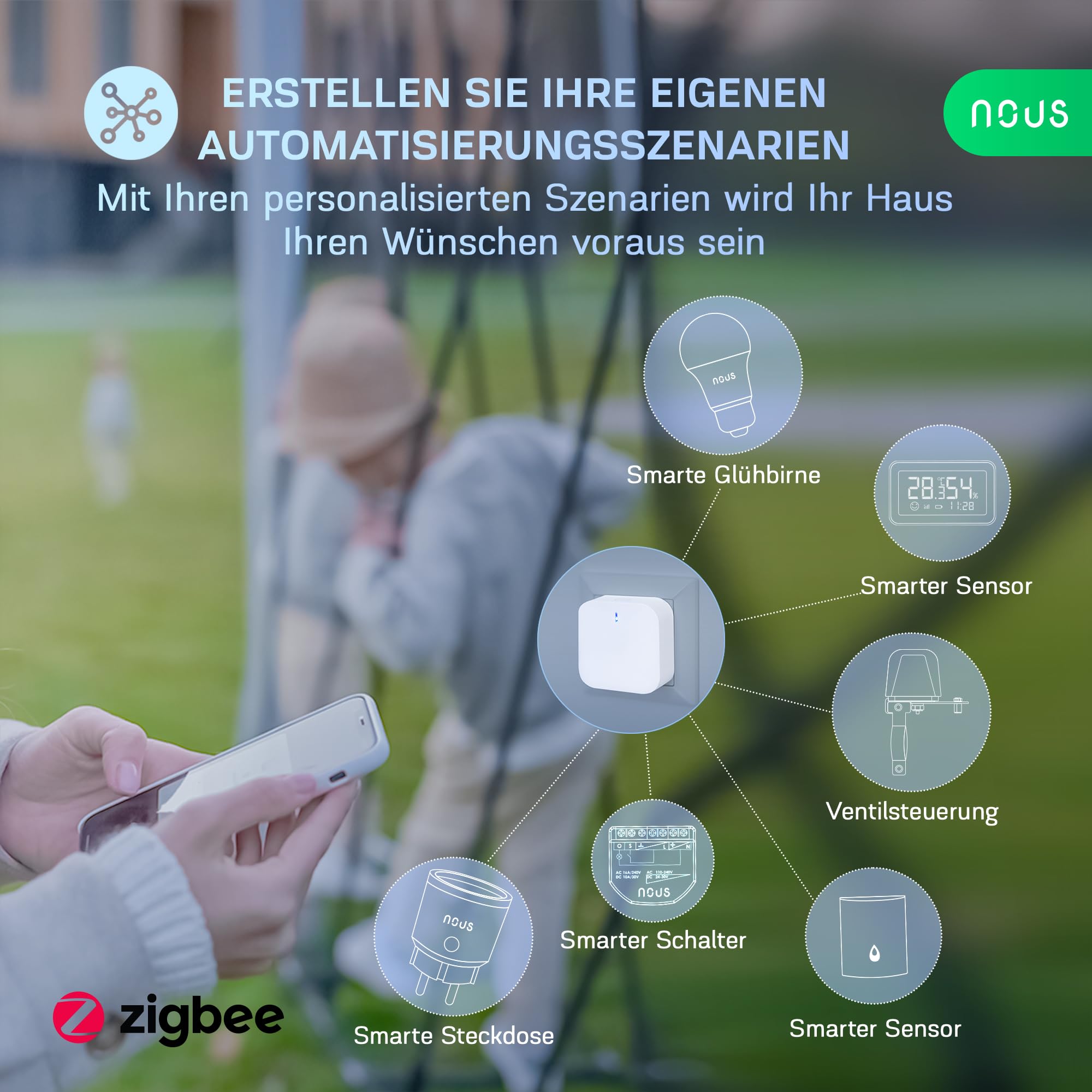 NOUS E1 ZigBee Gateway, ZigBee Hub/Bluetooth Hub, ZigBee Bridge, ZigBee Smart Home, ZigBee Gateway Alexa, Gateway ZigBee Smart Home, ZigBee 3.0, Bluetooth, Smart Life/Tuya App