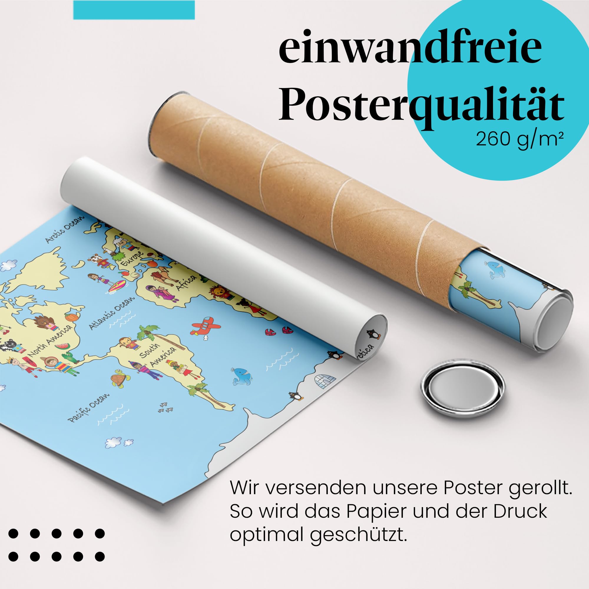 Postereck - 2353 - Weltkarte, Kontinente Kinderzimmer Schule Lernen - Kinder Kinderzimmer Kinderbild Wandposter Fotoposter Bilder Wandbild Wandbilder - Leinwand - 100,0 cm x 75,0 cm