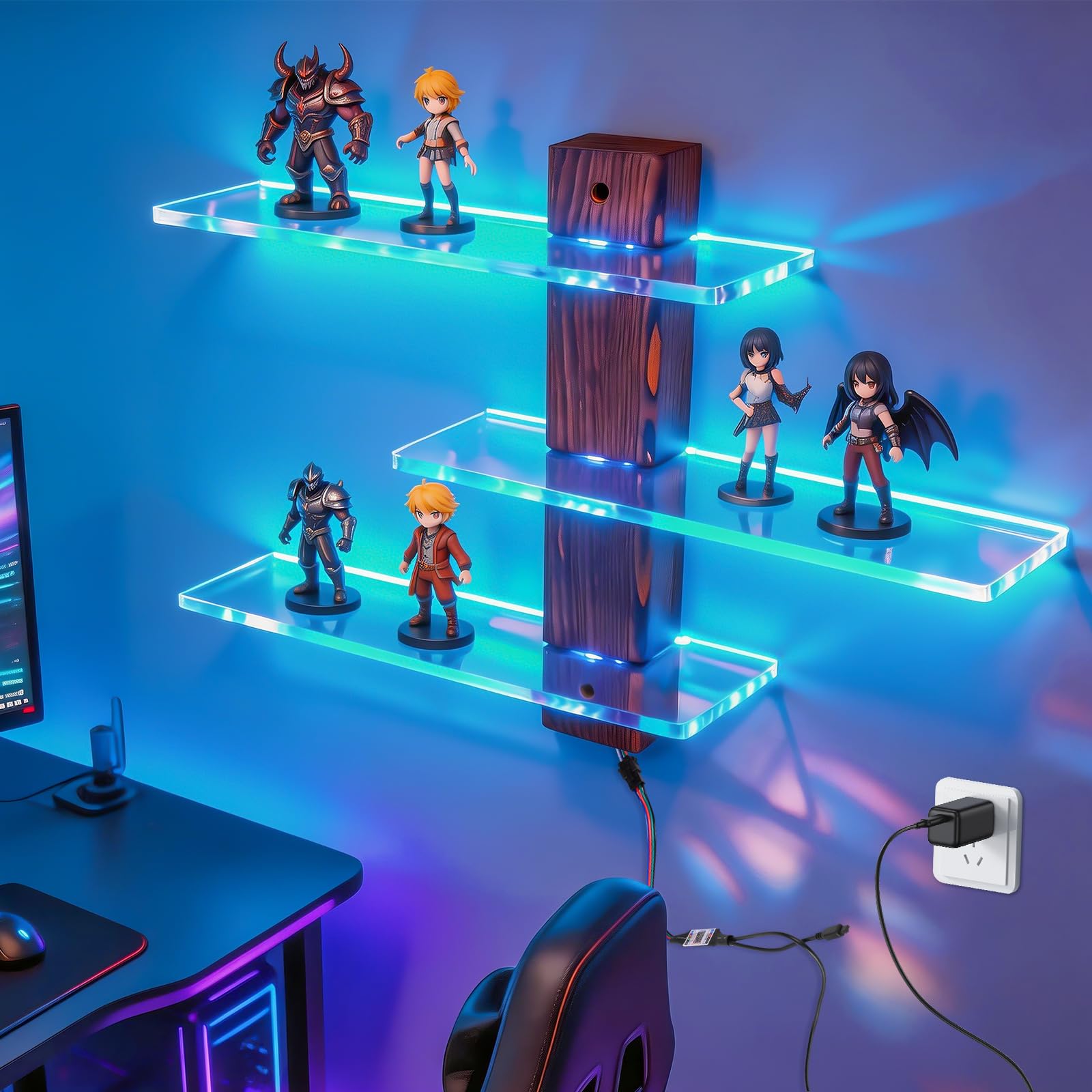 3-stöckiges Acryl-Wandregal mit RGB-Lichtern, LED-Vitrine für Sammlerstücke, Puppen, Bausteine, Parfums, kleine Pflanzen