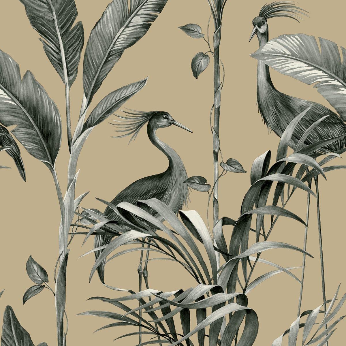 Belgravia Gold / Grey Decor Wallpaper 9505 Azzurra Leaf Charcoal/Birds Palm Leaves