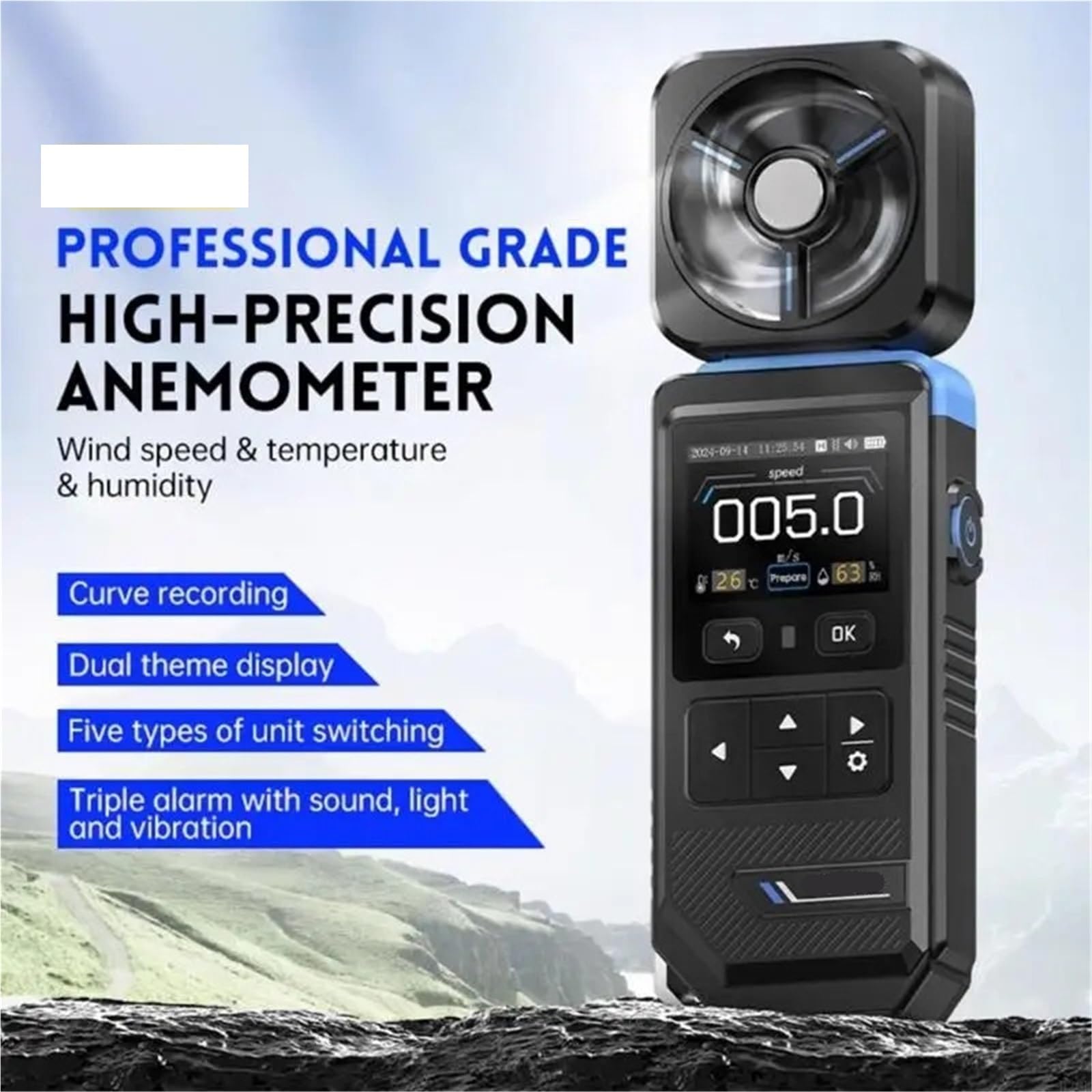 Wiatromierz, Kieszonkowy miernik prędkości wiatru, cyfrowy anemometr, miernik wiatru LCD, pomiar temperatury wiatru, temperatury odczuwalnej, wilgotności