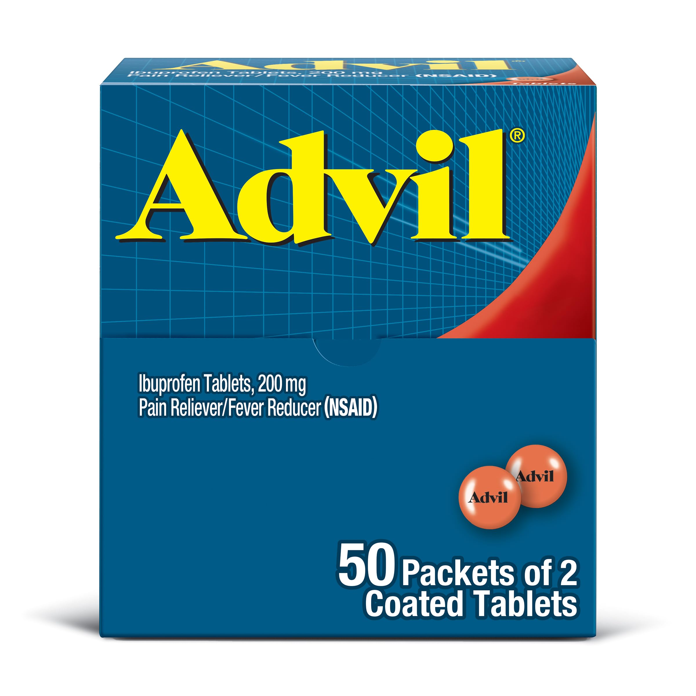 Advil Pain Reliever and Fever Reducer, Pain Relief Medicine with Ibuprofen 200mg for Headache, Backache, Menstrual Pain and Joint Pain Relief - 50x2 Coated Tablets