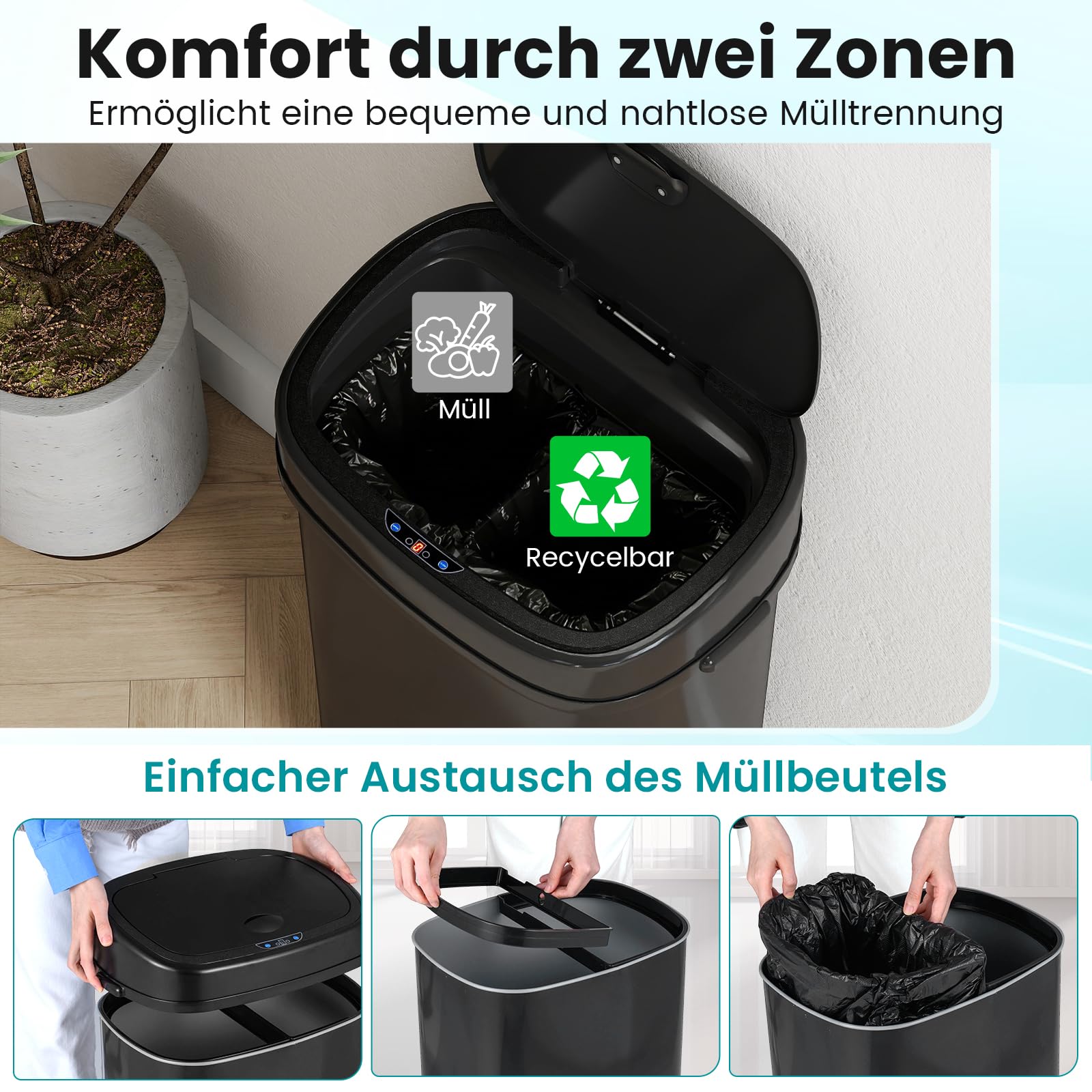 COSTWAY Mülleimer mit Sensor, 58L Abfalleimer Küche, 2 Fächer Mülltrennsystem für Recycling und Restmüll, automatischer Küchenabfalleimer mit Softclose-Deckel, schwarz