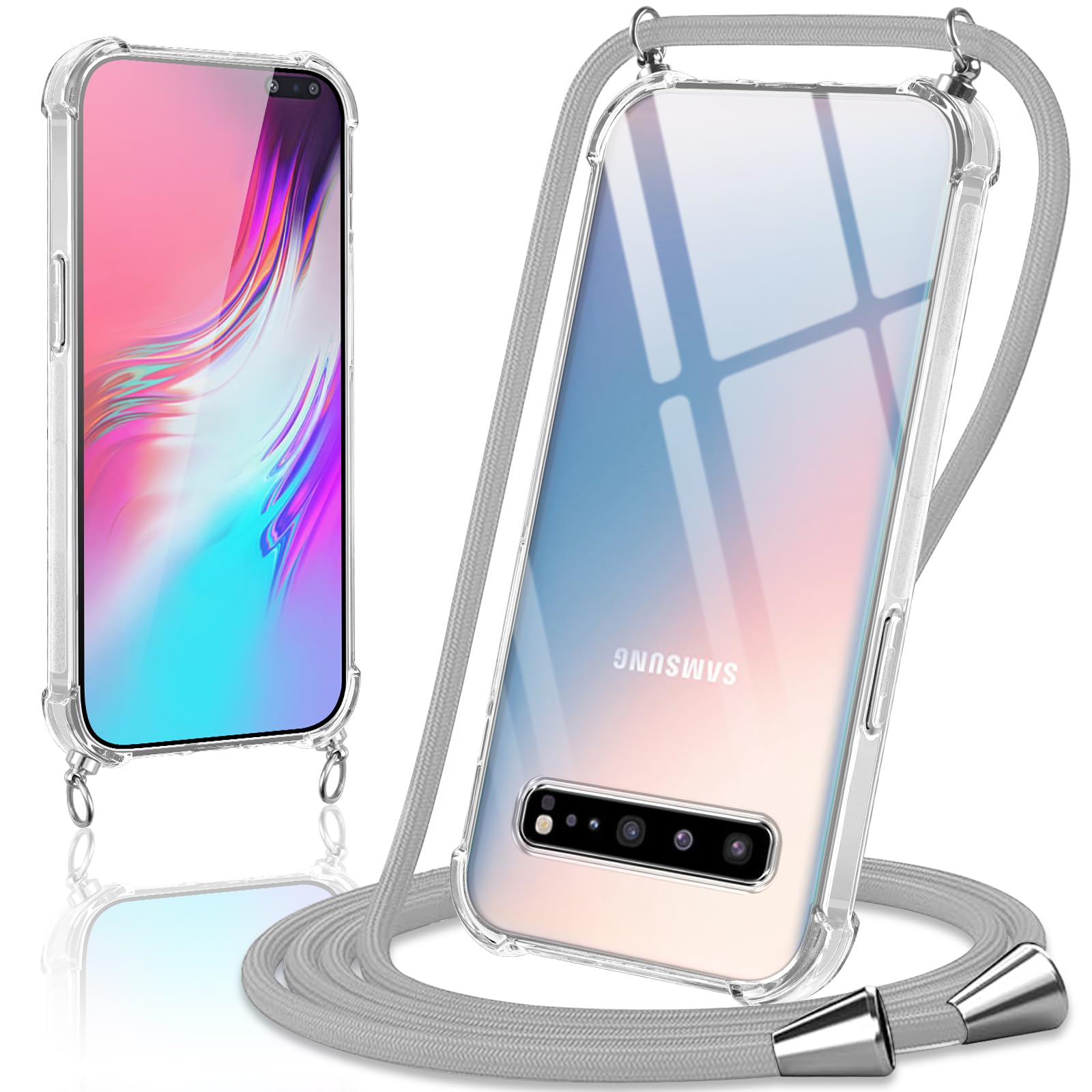 Coiwxmoi Etui do Samsung Galaxy S10 5G ze smyczą 6,7 cala, przezroczyste etui ze smyczą pasek na ramię sznurek, ultra miękki, odporny na wstrząsy silikonowy futerał TPU do Samsung S10 5G, jasnoszary
