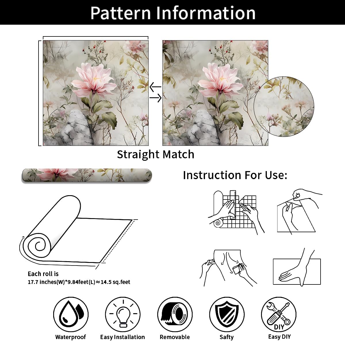 Pink Floral Wallpaper in Mist 17.71"x118.1" Peel and Stick Wallpaper Waterproof Vinyl Matte Wall Contact Paper Removable Self-Adhesive for Bathroom, Flower Room, Art Studio