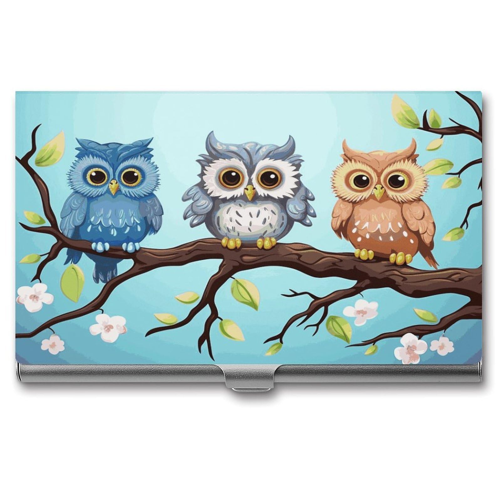 LDGSUPH Owls on A Branch Business Card Holder Fashion Slim Name Card Holder Minimalist Design Case Metal Card Carrier Personalized Business Card Case with Flip for Men Women
