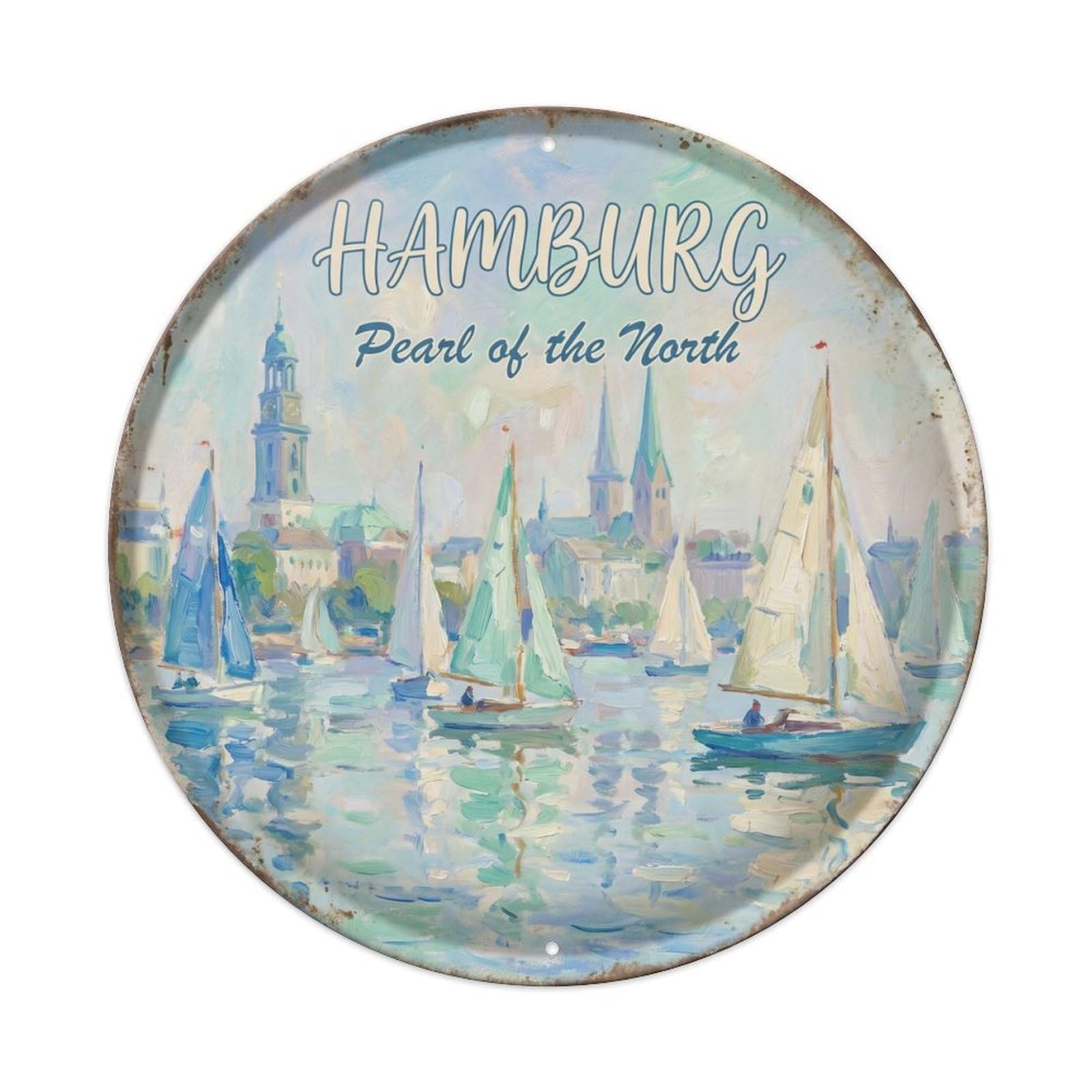 Yrnq Vintage Style Vintage Travel Hamburg Lake Germany Vintage Metal Tin Sign Plaque Wall Decor For Cafe, Club, Garden Round Metal Poster 8X8inch