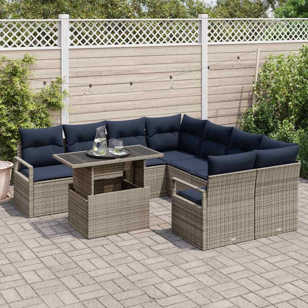 Set modulare da giardino in polyrattan, 9 pezzi, grigio