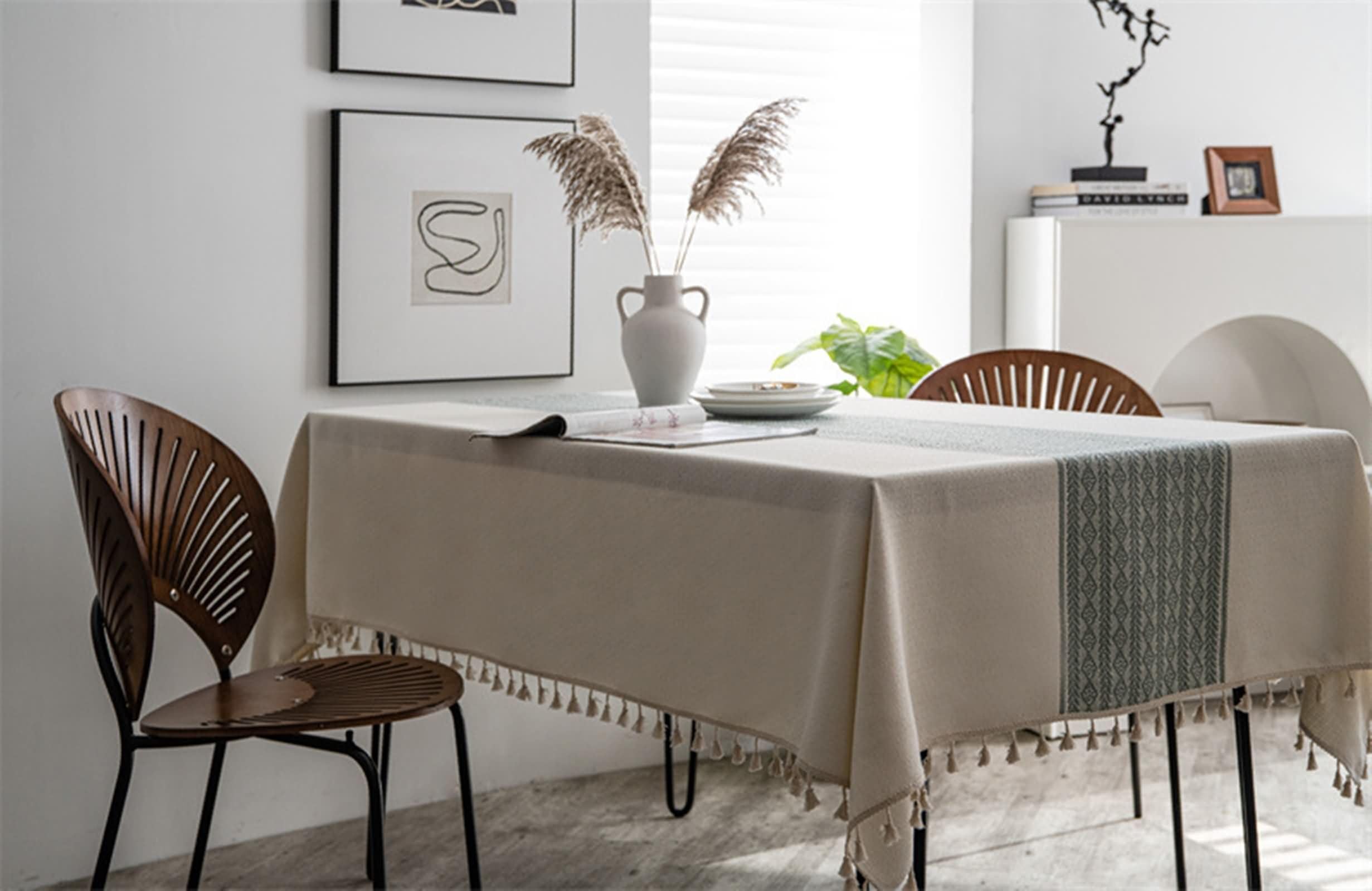 Mantel Boda Mesa Rectángulo 140 W x 260 L CM,Mantel para Mesa de Centro Salon Blanco Bordado de Geométrico con Borlas Poliéster Manteles de Mesa Modernos