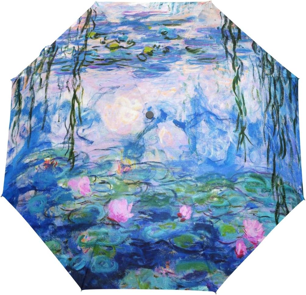 ALAZA Monet Claude Water Lilies Oil Painting Travel Umbrella Auto Open Close Windproof Waterproof Folding Umbrella Compact Canopy Easy Carrying Christmas Gift