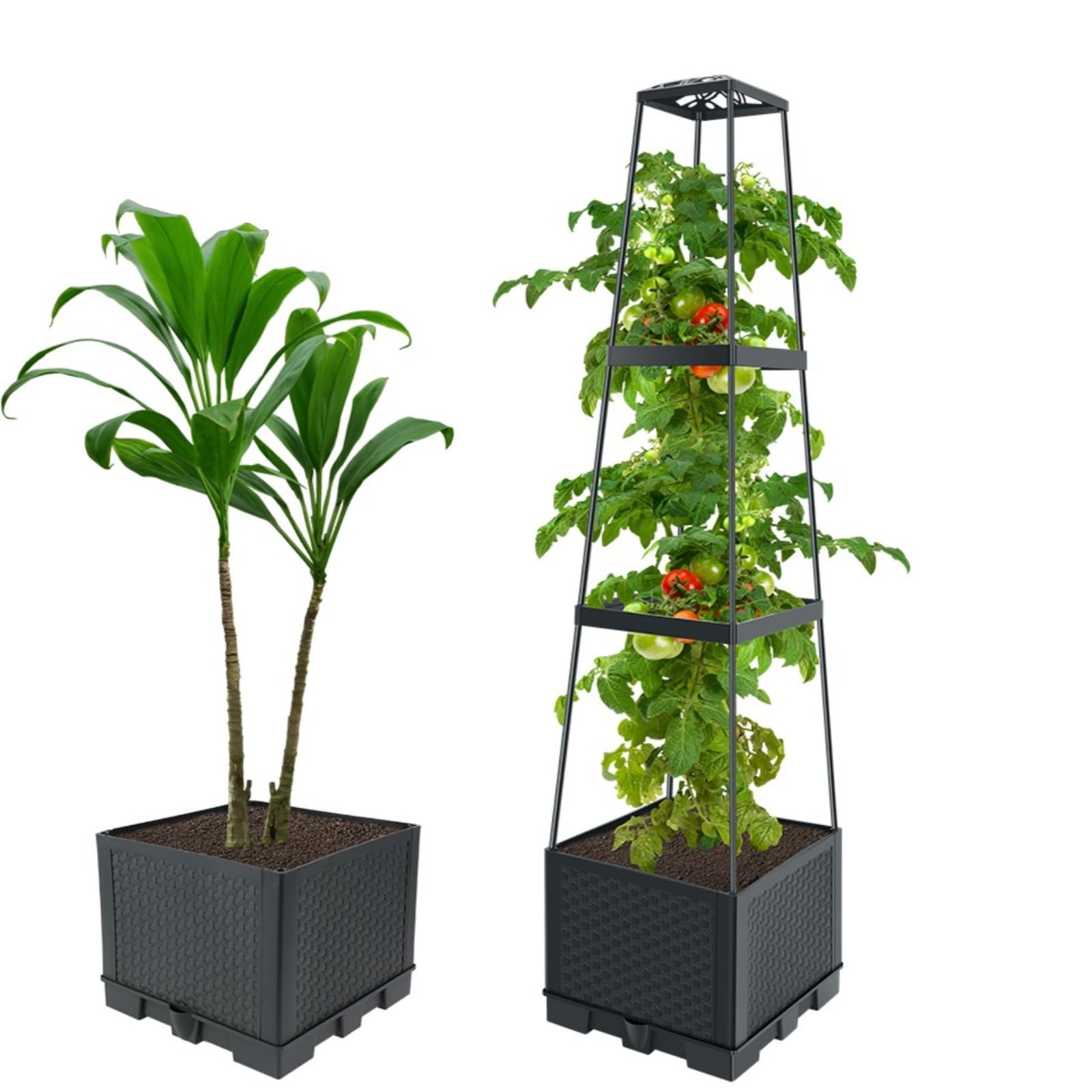 2Pcs Raised Garden Bed Planter with Trellis 44.8inch Self Watering Tomato Planter Boxes Height Adjustable Gardening Trellis Detachable Tomato Cage for Indoor & Outdoor Climbing Plants, Vegetables