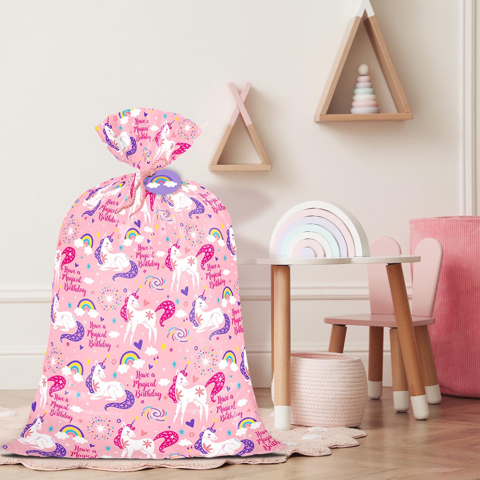 WRAPAHOLIC 56" Extra Large Pink Unicorn Birthday Gift Bag - Have a Magical Birthday Jumbo Bike Bag Gift Wrap for Girls, Baby Shower, Party, Holiday - 56" H x 36" W