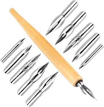 G-Pen Ink Nib Stainless Steel Drawing Comic Pen Nib, 11 Pcs Comic Pens Nib Set, Dip Pens Nibs Holders with Comic Nib, Calligraphy Wooden Drawing Holder with Stainless Steel Pen Nib for Writing