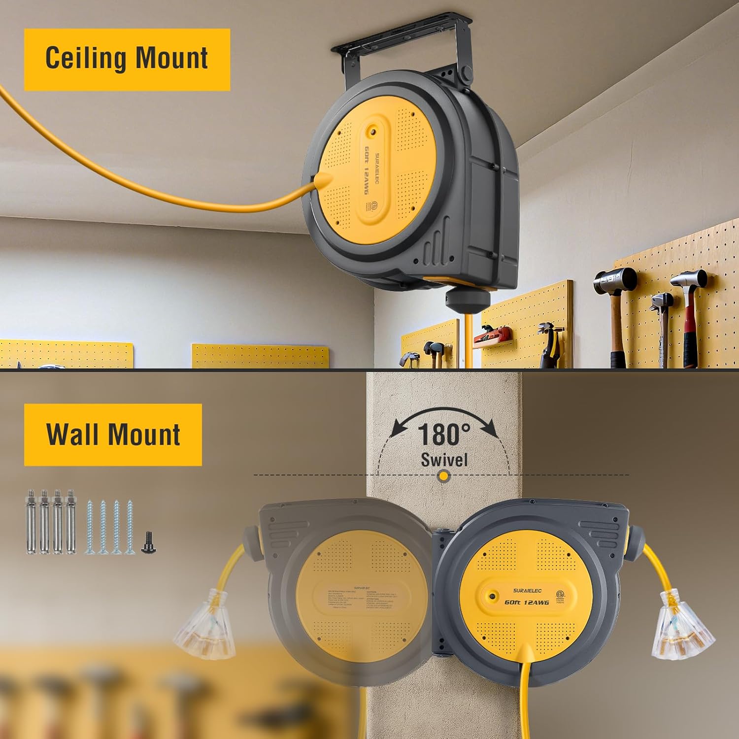 SURAIELEC 12 Gauge Extension Cord Reel, 60 FT Retractable Extension Cord, 12 AWG/3C SJTOW Heavy Duty Power Cord, 13 AMP Circuit Breaker, Lighted Triple Tap, Ceiling or Wall Mount, ETL Listed