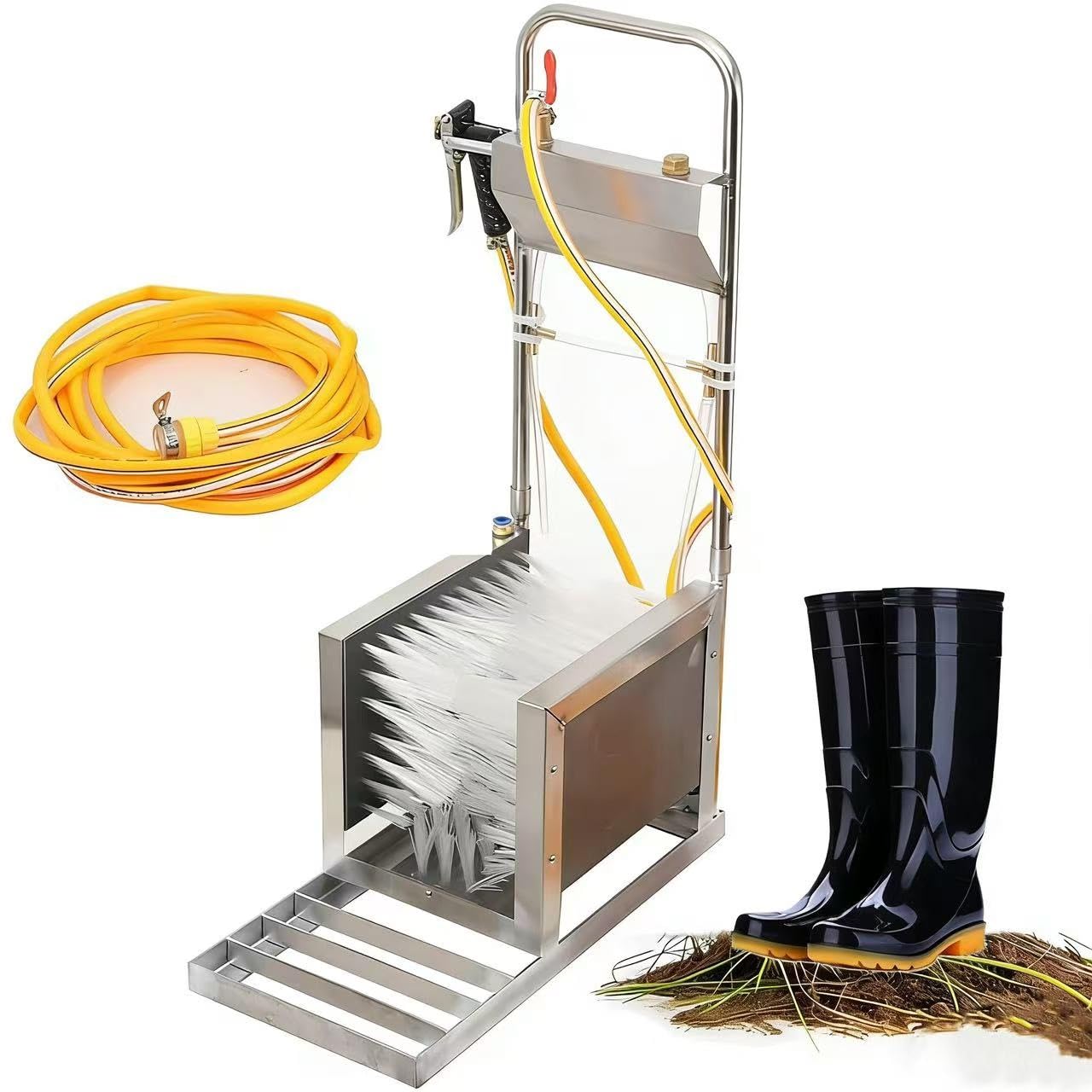 Dispositivo de limpieza de botas resistente con cepillos automáticos de 3 lados y función de pulverización de agua para uso en exteriores y granjas