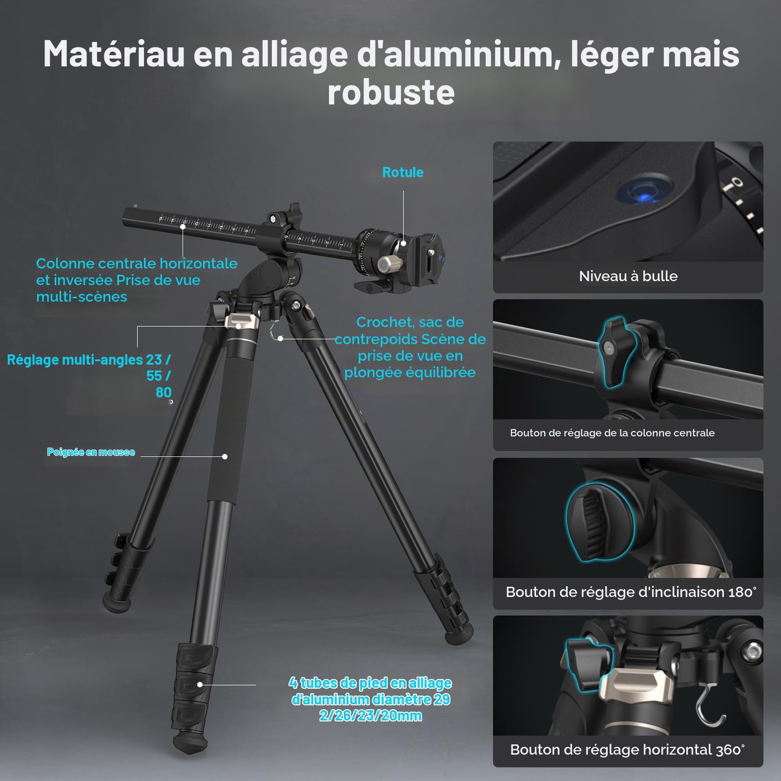 SMALLRIG CT200 Trépied Appareil Photo 185cm, Monopode Horizontal à Colonne Centrale de Rotation à 360°, avec Support pour Smartphone, Sac de Transport, Sac de Poids, 10 kg Charge Maximale - 4288