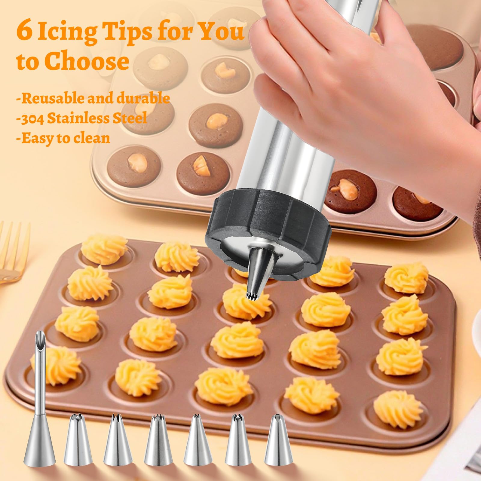 Churro Maker Macchina Stailness Acciaio Churrro Gun Kit con 4 Fette per Churro Cavo, 5 Cookies Discs, 6 Icing Piping Nozzle, 2 Spazzole Pulite per Torta Dessert DIY Maker Cookie Presse