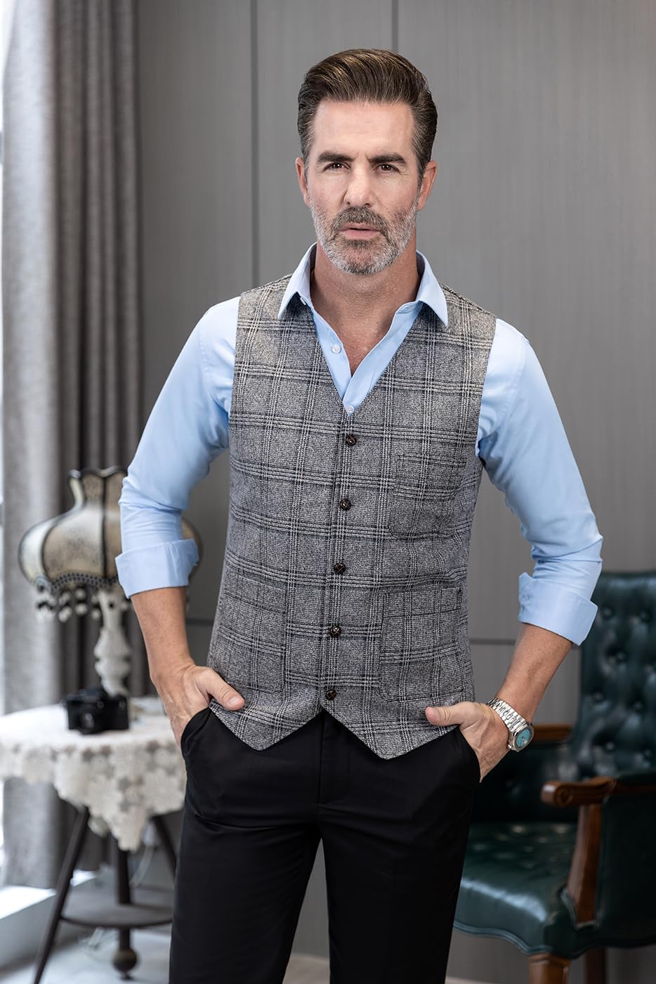 Mens Casual Leisure Suit Vest Plaid Tweed Regular Fit Waistcoat for Wedding Groomsmen(Navy,S)