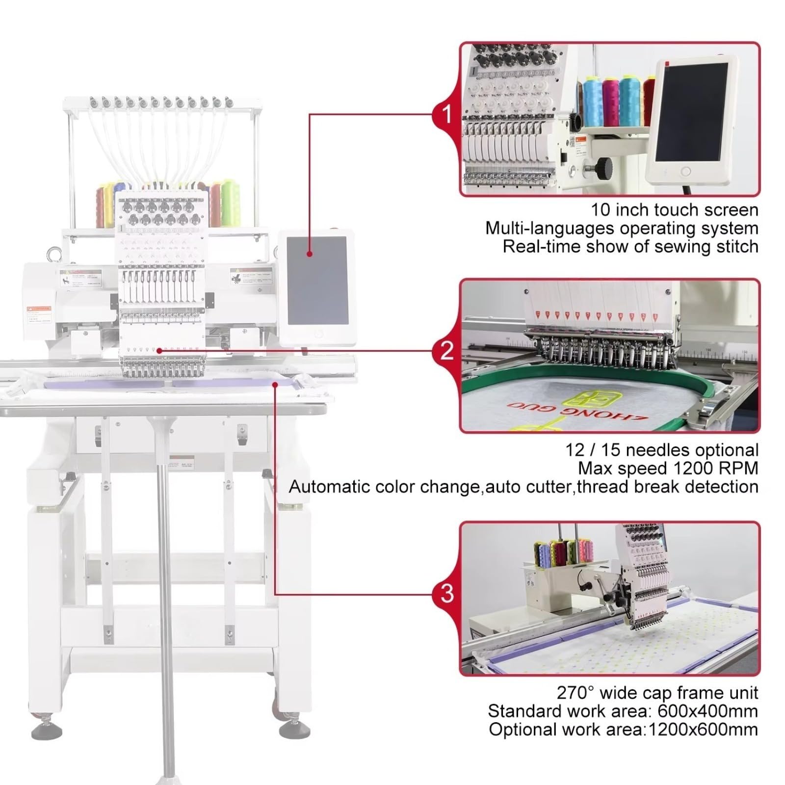 Máquina de bordado computarizada comercial de 1200 SPM, velocidad máxima, pantalla táctil de 10 pulgadas, máquina de bordado de una sola cabeza con transferencia de diseño USB para pedidos a granel y