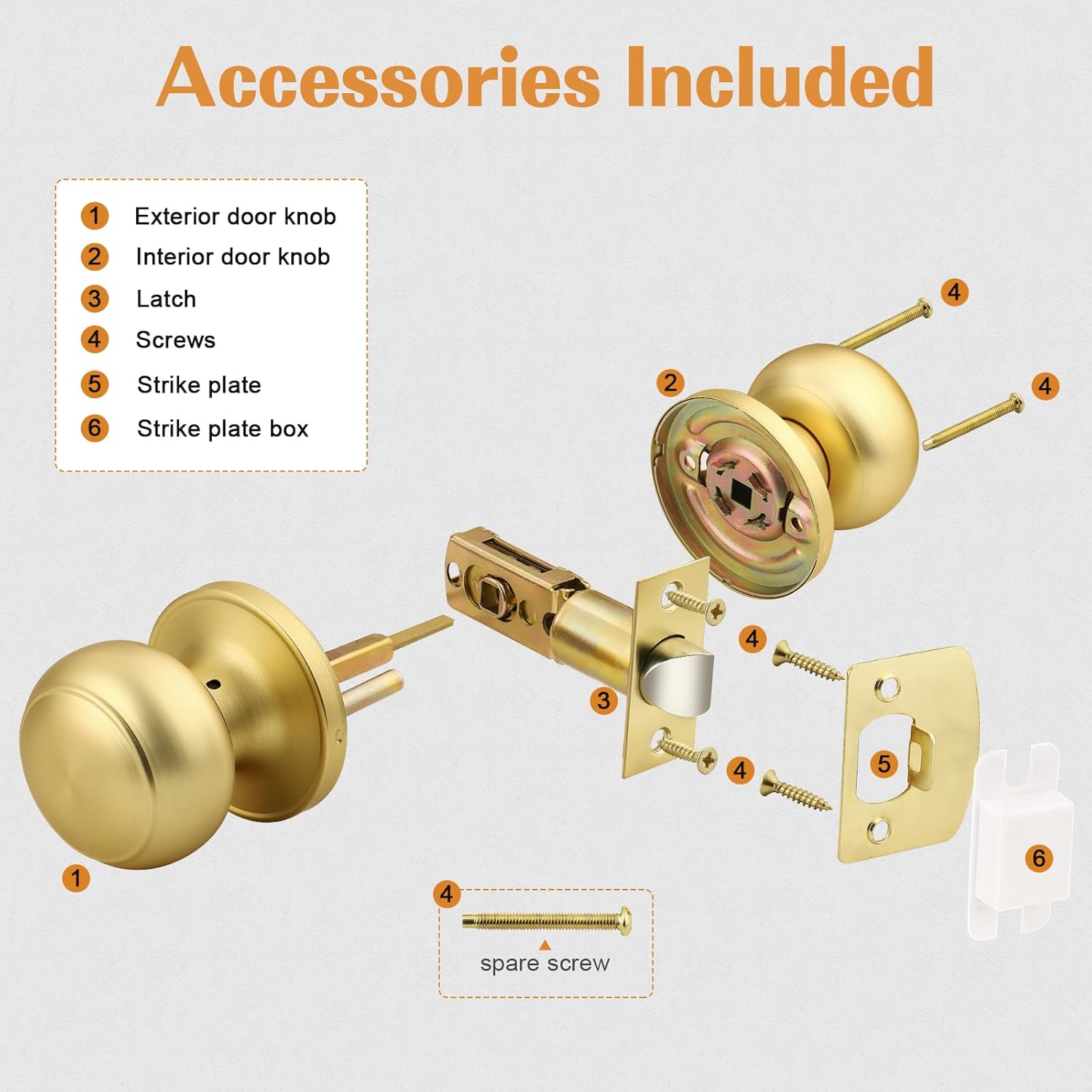 Probrico Interior Door Knob for Hallway, Gold Door Knobs Closet Door Knob, Brushed Brass Passage Door Knobs with Round Ball Knob, 8 Pack