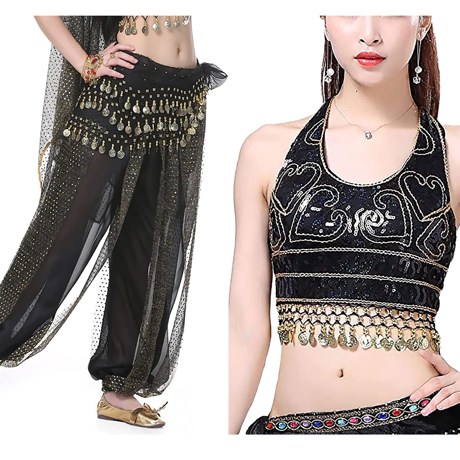 VRITRAZWomen's Chiffon Belly Dance Chiffon Top, Harem Pants And Hip Scarf Ringy Golden Coins Fancy Pants