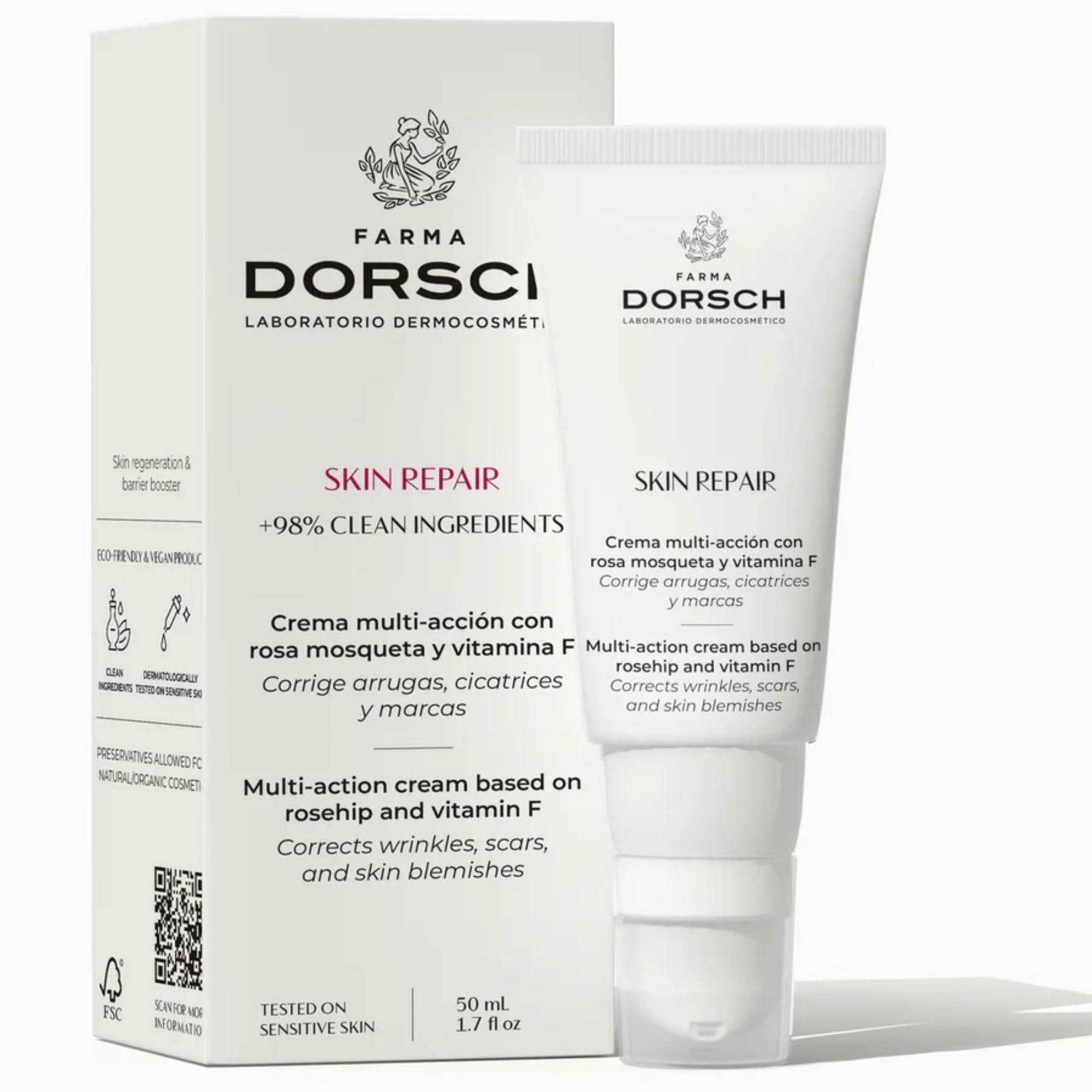 FARMA DORSCH- Skin Repair. Hidratante Facial Multi-Acción para Mujer con Rosa Mosqueta y Vitamina F. Crema Antiarrugas mujer, piel seca, apagada o sensible. Repara la barrera epidérmica(50ml)