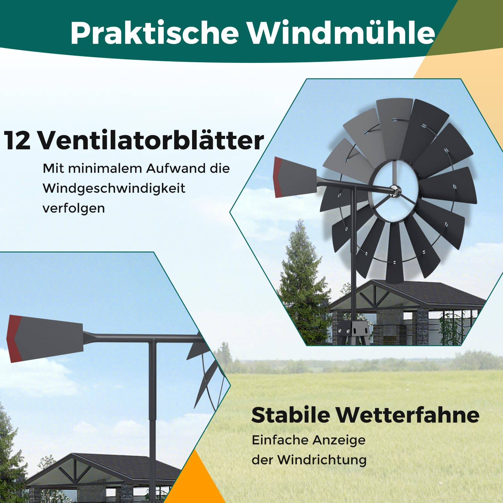 GOPLUS Metalowy wiatrak, wysokość 253 cm, dzwonki wiatrowe, wodoszczelny, odporny na warunki atmosferyczne, wiatrak z kołkami do wbijania w ziemię i strukturą w kształcie litery X, dekoracja ogrodowa