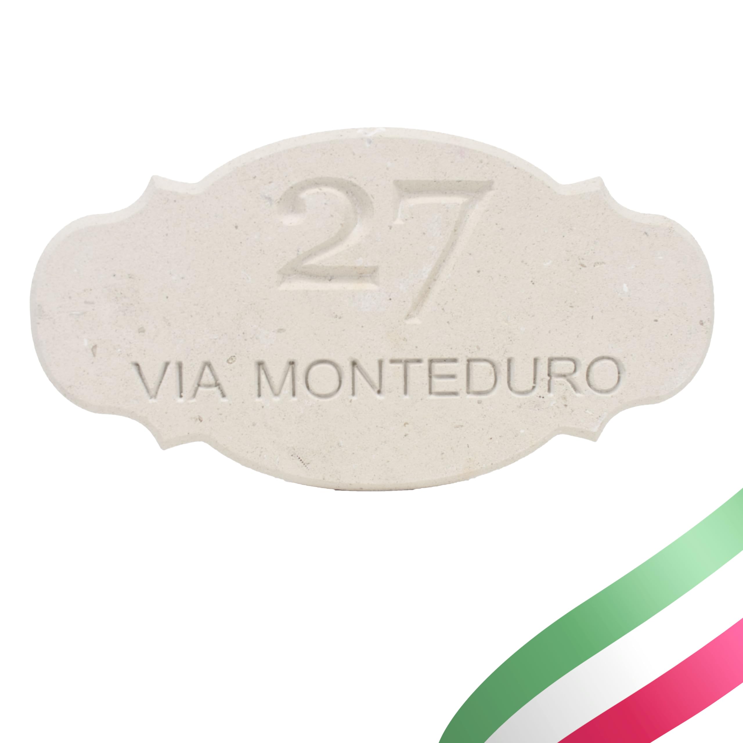 Targa Personalizzata con Nomi/Via in Pietra Leccese, Modificabile con Fori, Targhetta Porta Ingresso con Numero Civico Esterno Made in Italy 19x10H cm - PRODUZIONE MONTEDURO