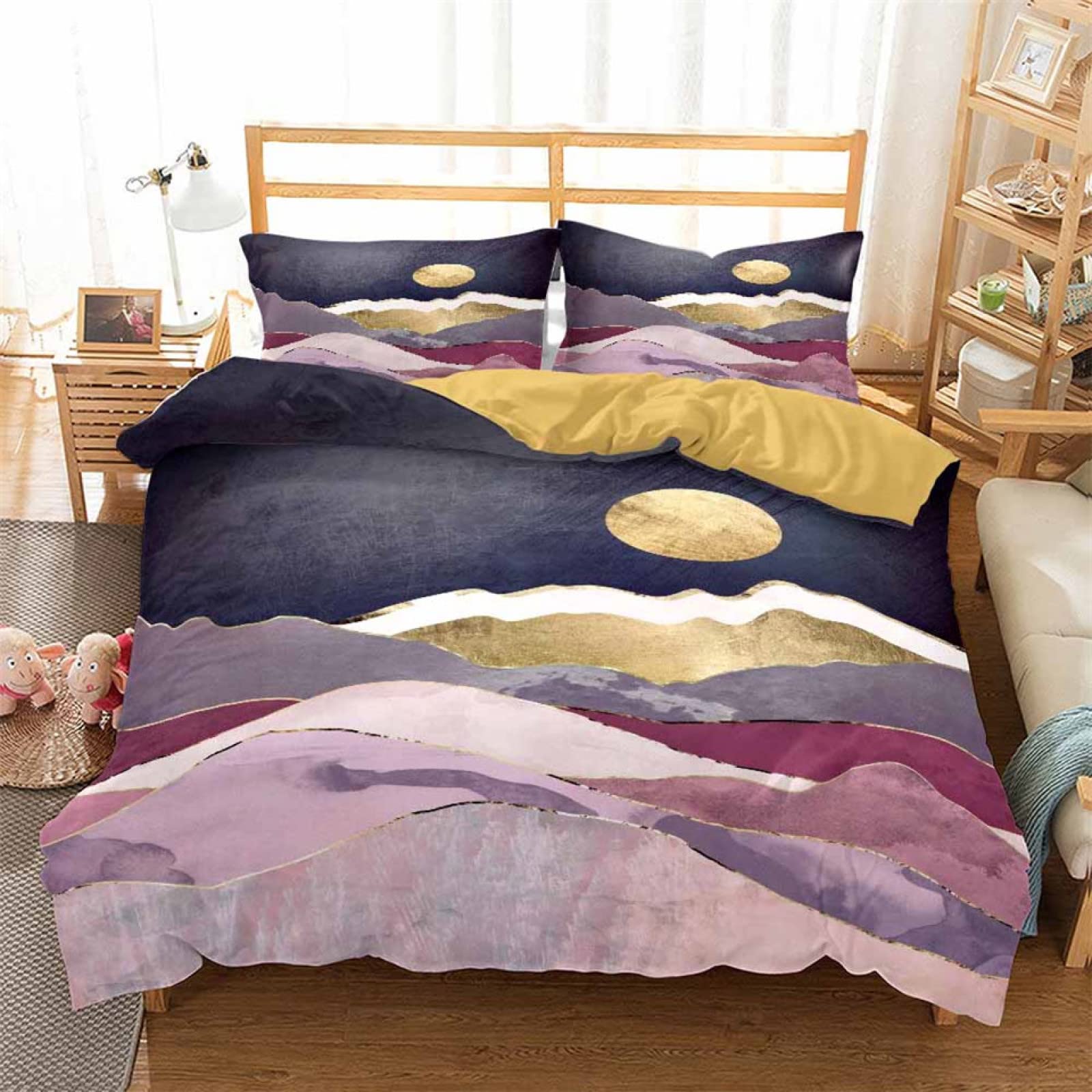 Housse de couette 160x200 violette et rose avec 2 taies d'oreiller paysage