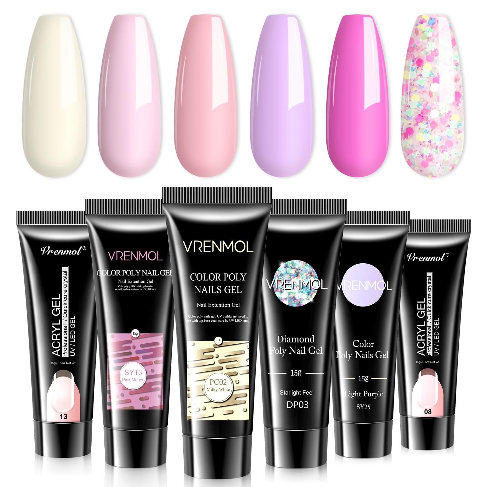 vrenmolPoly Gel Nail Kit Starter Kit: 6 Colors Pink Purple Poly Extensions Gel Kit Builders Hard Gel Long-Lasting Manicure Kit Nail Lamp Fast Cure No Lifting Beginner Set