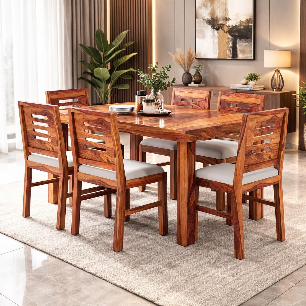 Hariom Handicraft Kendal Sheesham Wood Table 6 Seater Wooden Dining Room Furniture with Cushions and Teak Finish