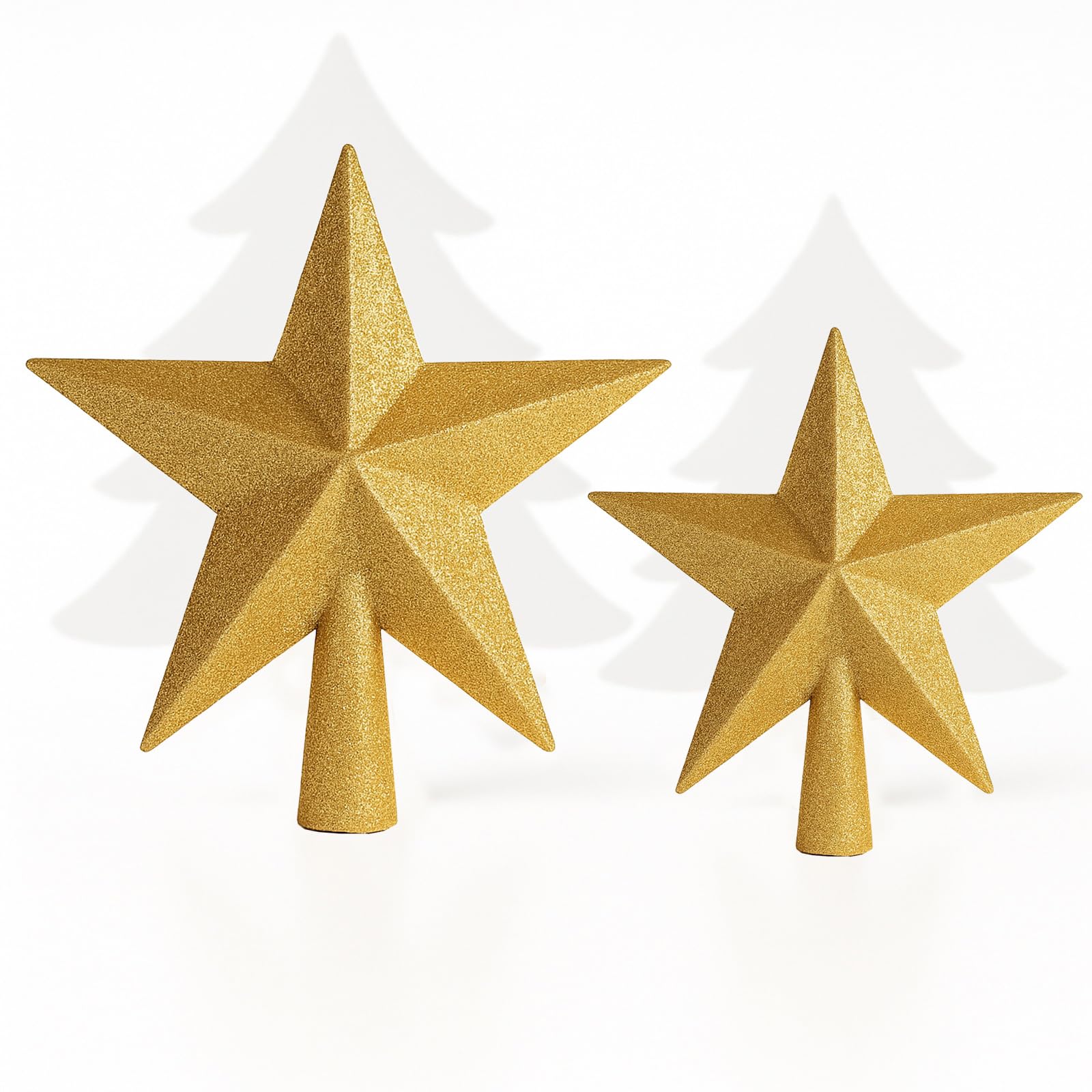 AMLOOPH Christmas Tree Topper, 2 Pack Glitter Gold Christmas Tree Star Decorations - 15cm & 10cm Sparkle Xmas Star Tree Topper for Traditional Gold Christmas Decorations
