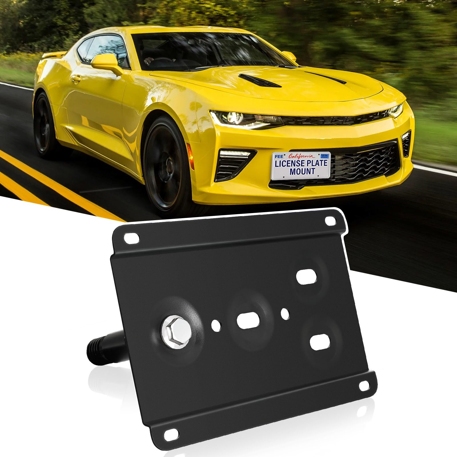 No-Drill Front License Plate Mount For 2016+ Chevy Camaro - Tow Hook Bracket, Black Matte Steel - View #3