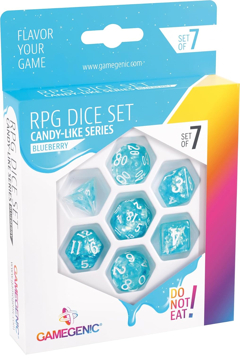 Candy-Like Series RPG Dice Set | Set of 7 Dice in a Variety of Sizes Designed for Roleplaying Games | Premium Quality Resin Dice with Beautiful Glitter Flakes | Blueberry Color | Made by Gamegenic