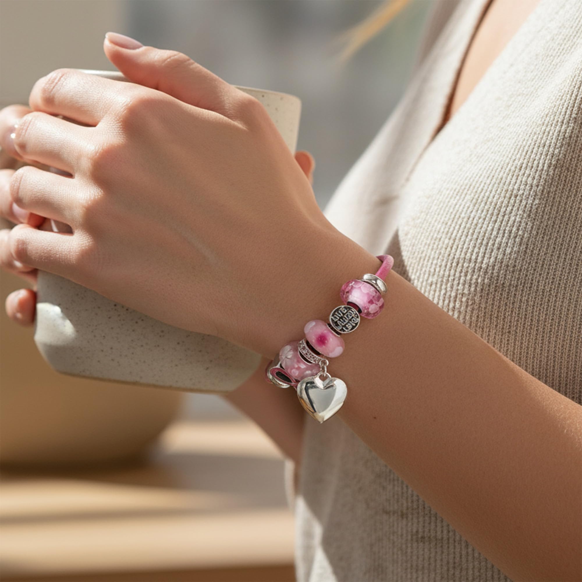 Bling Jewelry Empowerment In Rosa: Bracciale Con Charm In Cristallo Nastro Rosa Per Donne - Bracciale In Vera Pelle Rosa .925 Chiusura A Barile In Argento - Disponibile In 6, 7, 8 Pollici