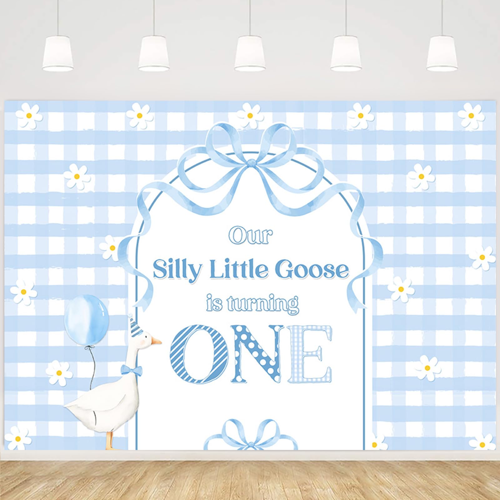 MEHOFOND Our Silly Little Goose is Turning One Backdrop Blue Plaid Arch Bow Tie Background Birthday Party Decorations Cute Cartoon Little Goose Banner