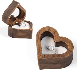 Walnut Wood Heart Ring Box, Transparent Lid Cover Showcases Ring | Transparent lid heart shape ring box for ring display and storage, for Proposal Engagement Wedding Ceremony Anniversary