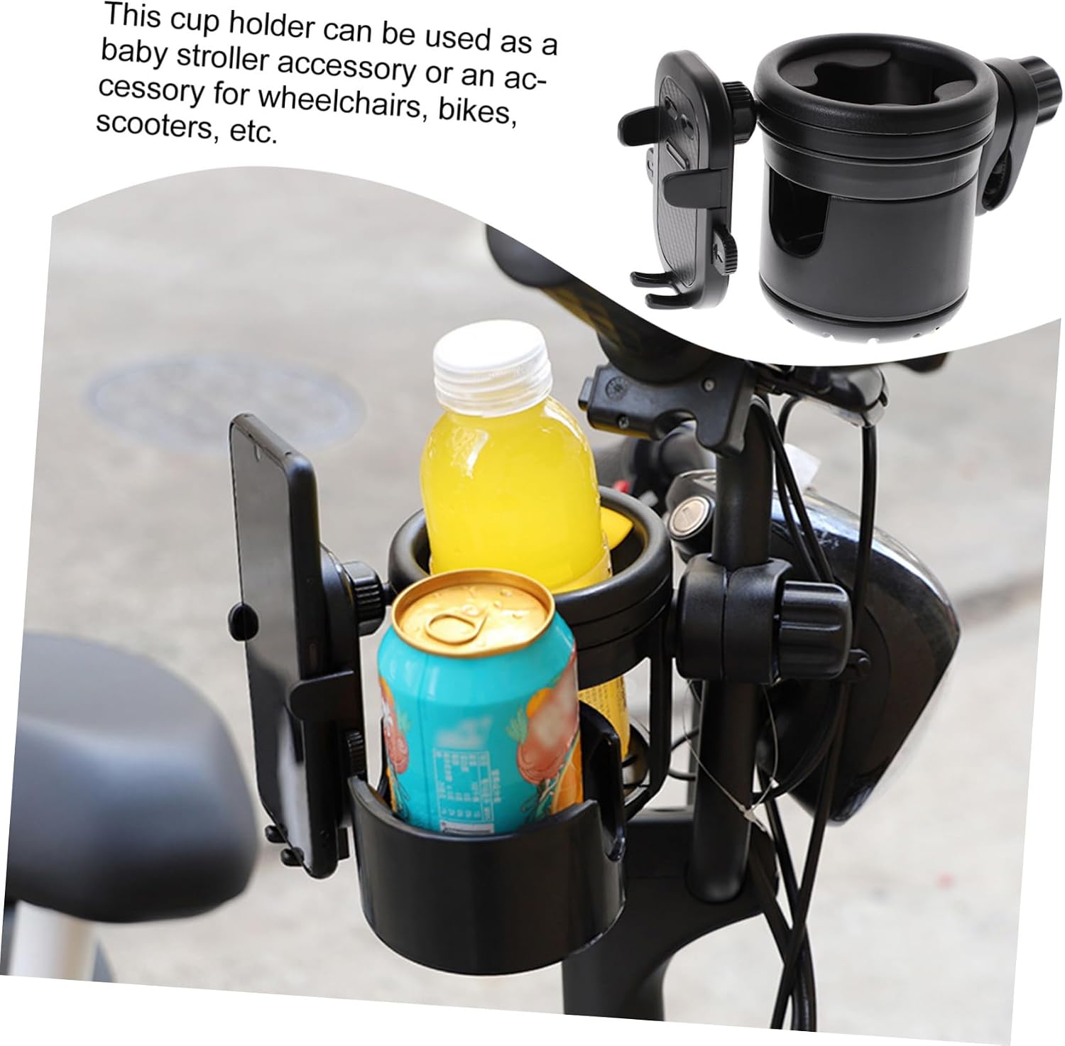 Yardwe Universal Stroller and Bike Cup Holder for Baby Bottles Black with Phone Holder Adjustable and Compatible with Wheelchairs Walkers and Scooters