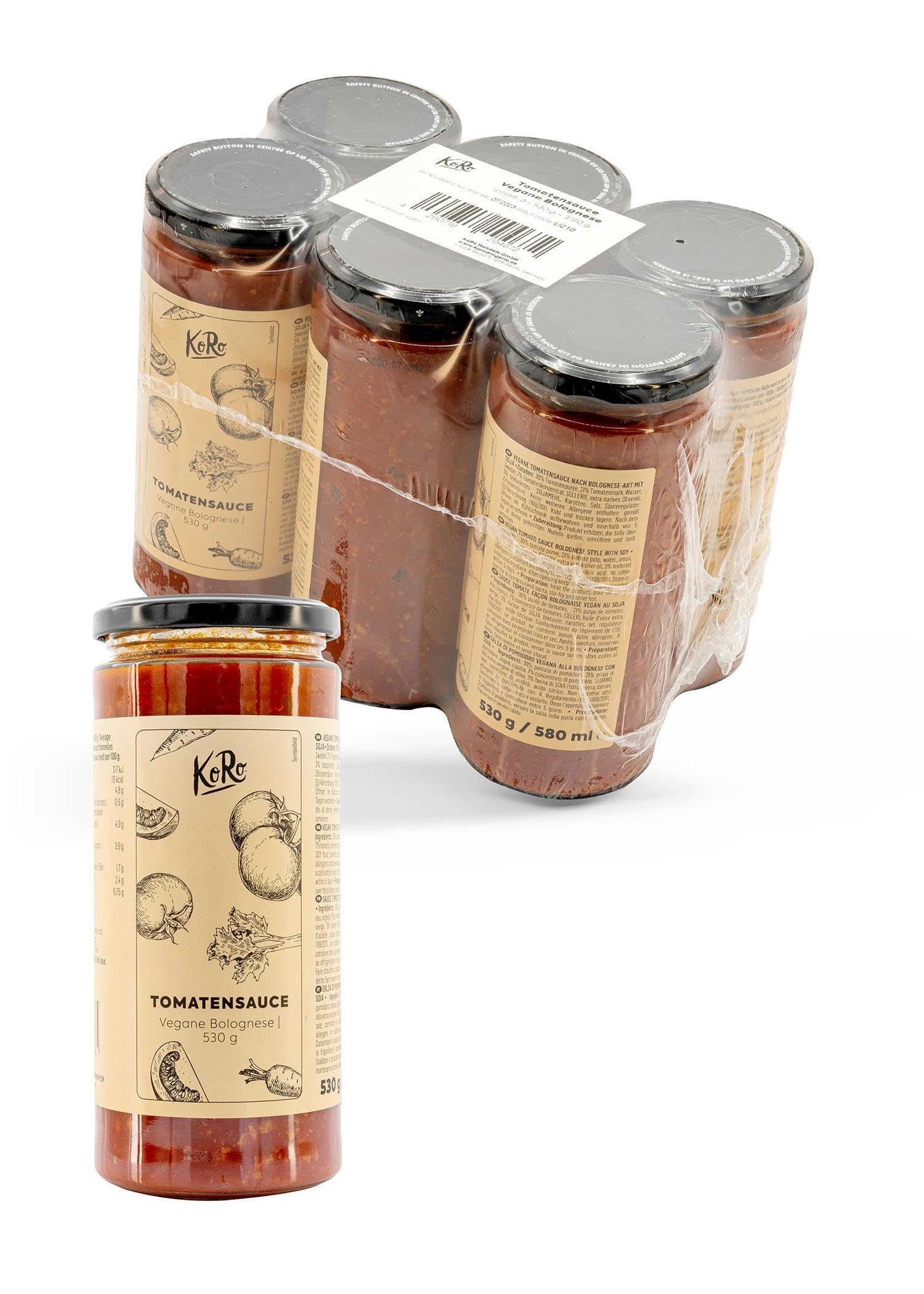 KoRo - Vegane Bolognese 6 x 530 g - Würzige Bolognesesoße mit Sojagranulat - In 5 Minuten fertig - Schmeckt wie das Original