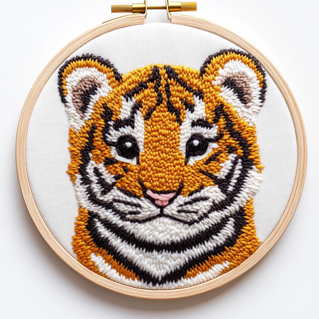DIY Punch Needle Kits Cartoon Tiger with White Embroidery Punch Needle Starter Craft with Hoop Easy for Beginners for Festival t and Decoration 20x20cm-1