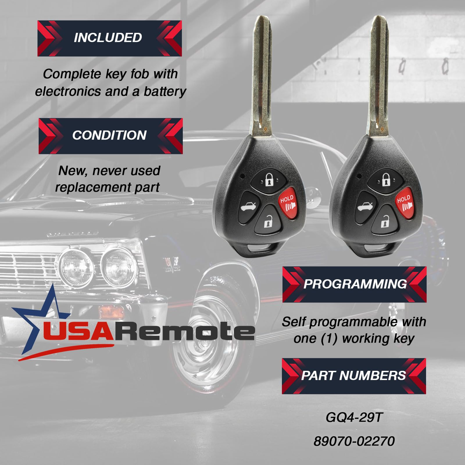 Replacement Keyless Entry Remote Car Key Fob Pair For Toyota Corolla, Avalon & Vibe – Black, Non-OEM