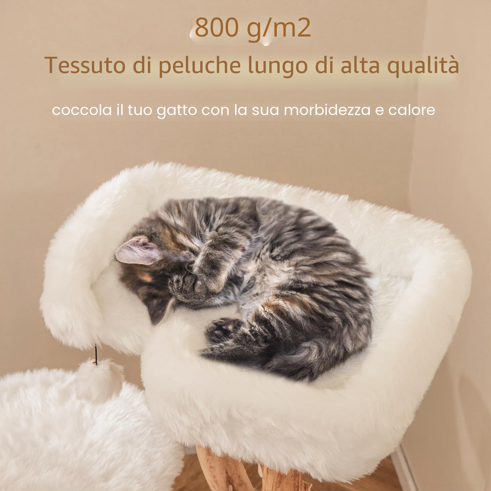 SOARS Tiragraffi per Gatti in Legno, 110 cm con 3 Posatoi in Peluche, 1 Pompon, Corda in Sisal e Tronchi Naturali, Alberi per Gatti Stabile, Bianco