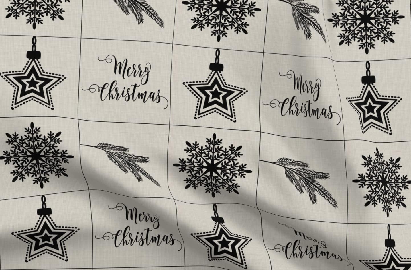 Spoonflower Fabric - Christmas Pine Branch Beige Black Rustic Farmhouse Printed on Organic Cotton Sateen Fabric by The Yard - Sewing Quilting Apparel Home Decor